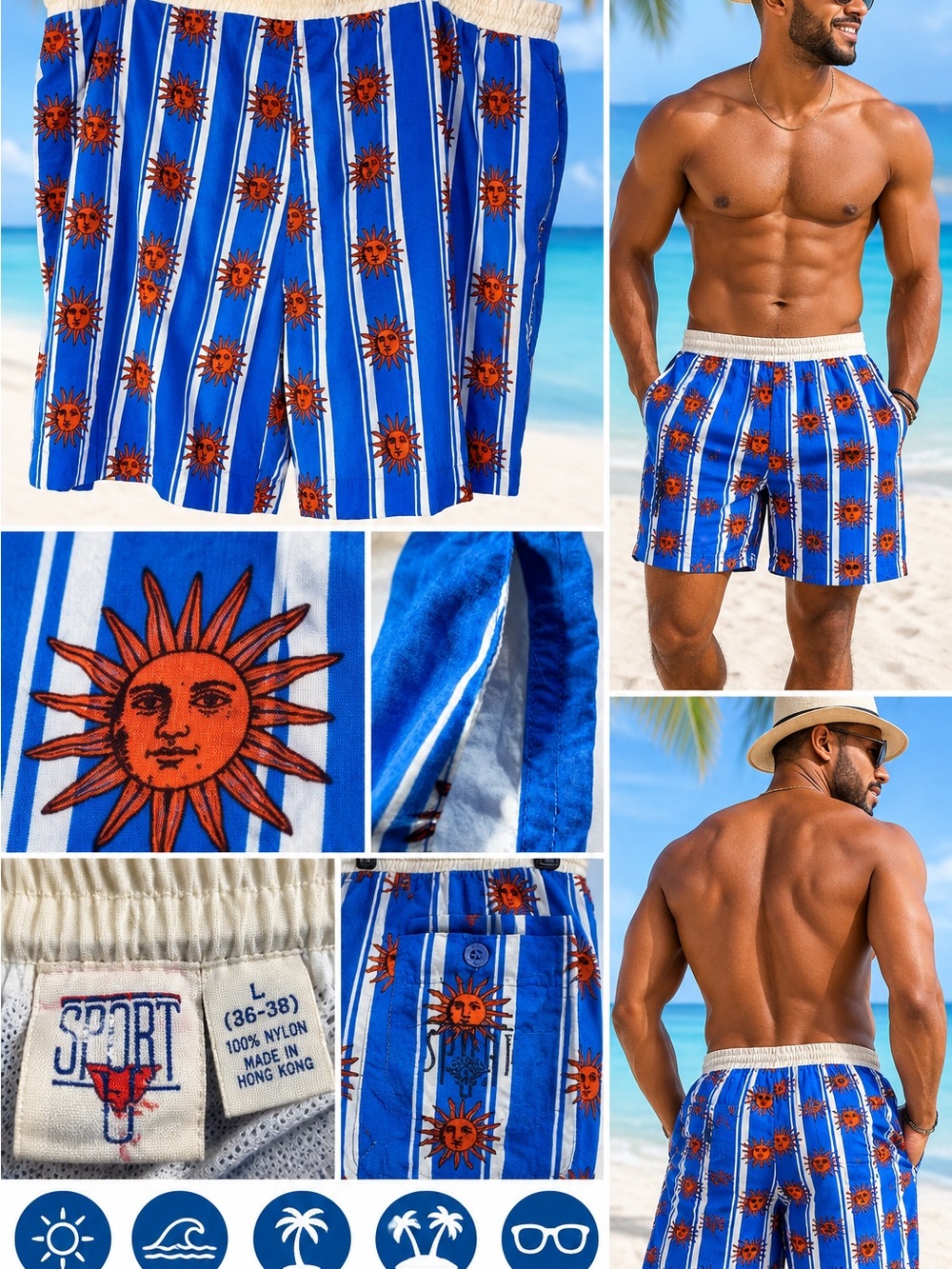 Vintage Sport U Swim Trunks Large 36-38 Blue Sun Celestial Nylon Beach Shorts